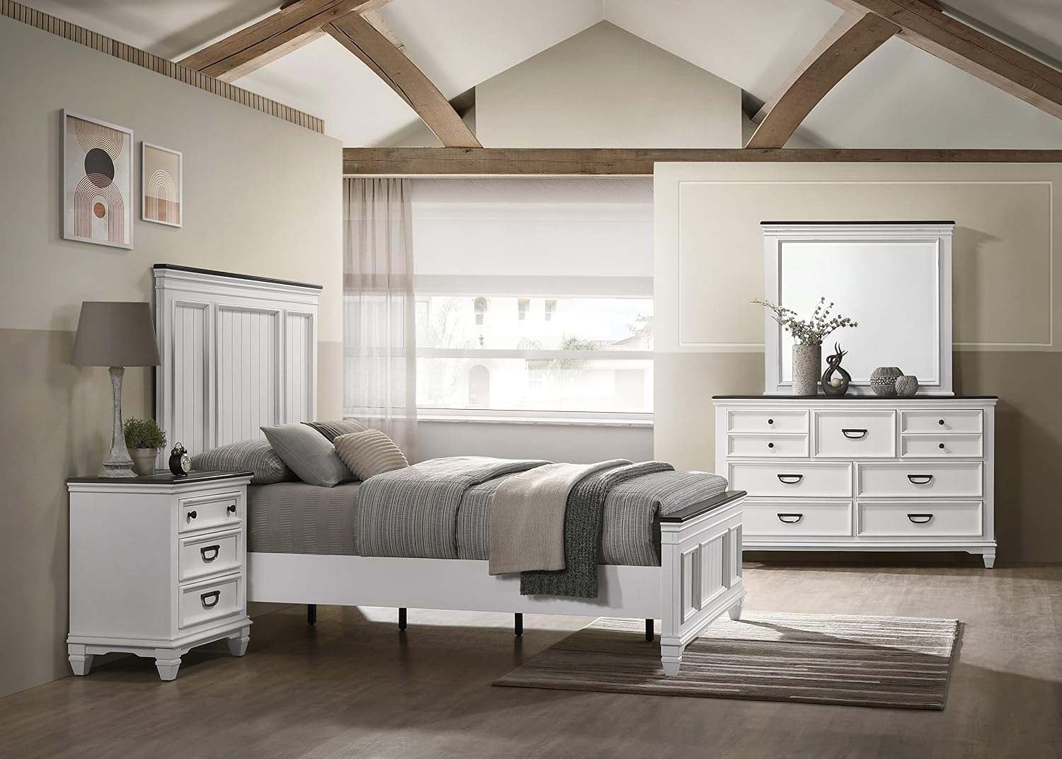 Clelane Wood Bedroom Set with Shiplap Panel Queen Bed, Dresser, Mirror, and Two Nightstands in Weathered White and Dark Gray