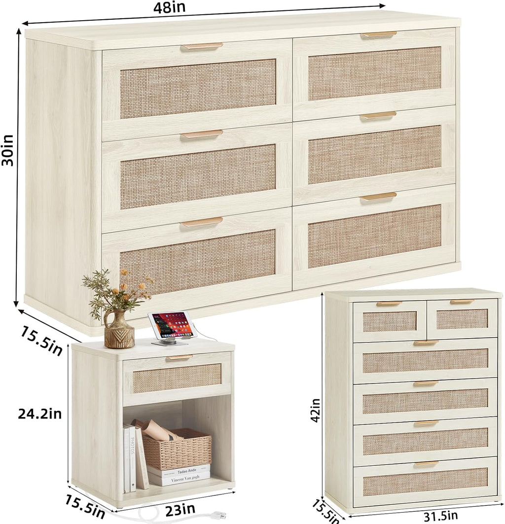 LEYAOYAO Rattan Dresser and Nightstand Set of 4, Boho Wood Dresser for Bedroom with 6 Drawers and Night Stand with Charging Station, Bedroom Furniture,Dressers & Chests of Drawers,Living Room,Hallway