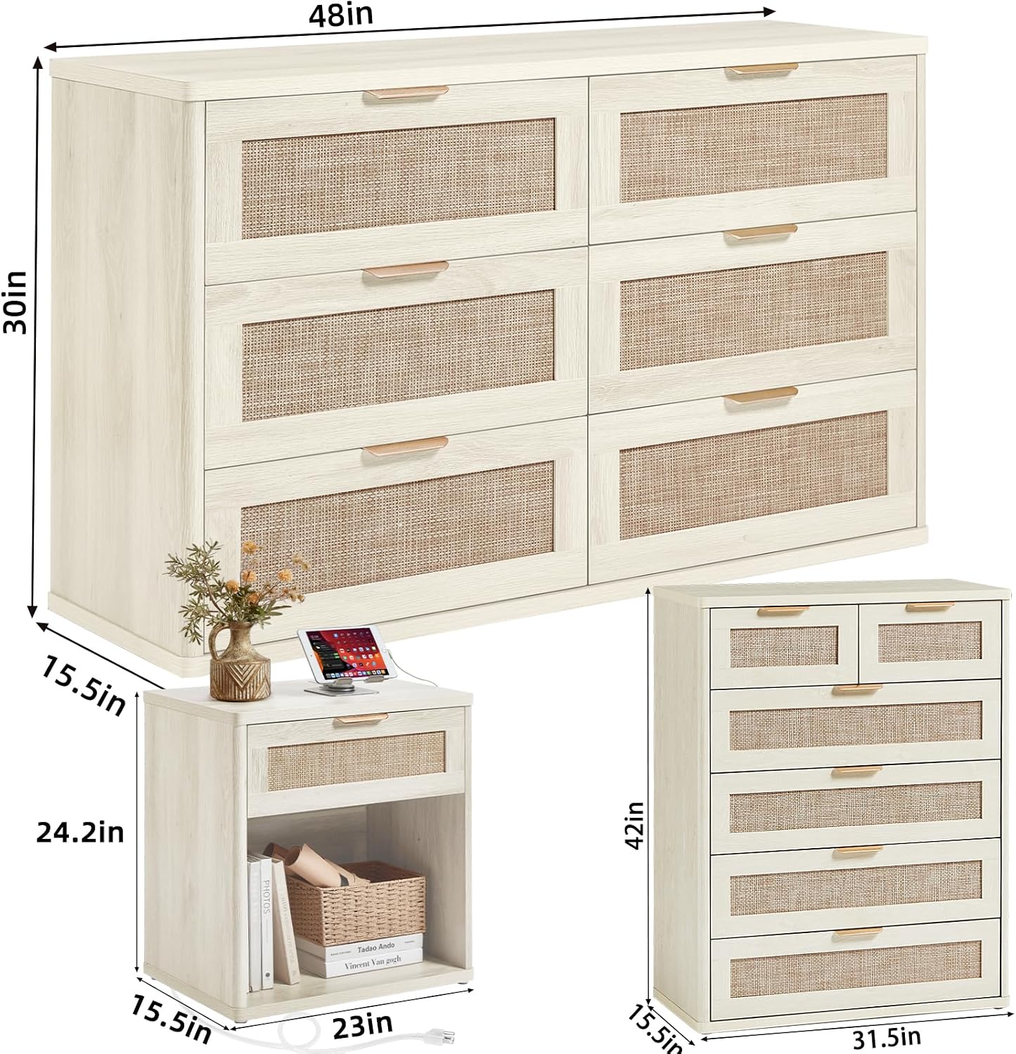 LEYAOYAO Rattan Dresser and Nightstand Set of 4, Boho Wood Dresser for Bedroom with 6 Drawers and Night Stand with Charging Station, Bedroom Furniture,Dressers & Chests of Drawers,Living Room,Hallway