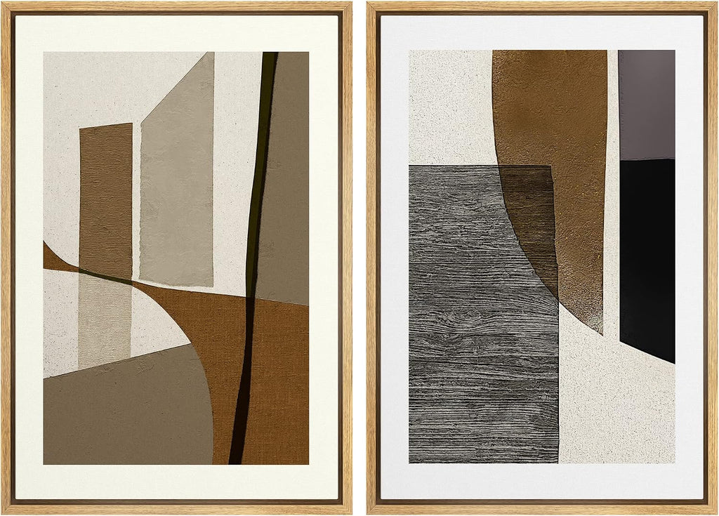 MUDECOR Framed Canvas Print Wall Art Set Mid-Century Retro Polygon Collage Abstract Shapes Illustrations Modern Art Decorative Bohemian Calm/Zen for Living Room, Bedroom, Office - 24'x36'x2 Natural