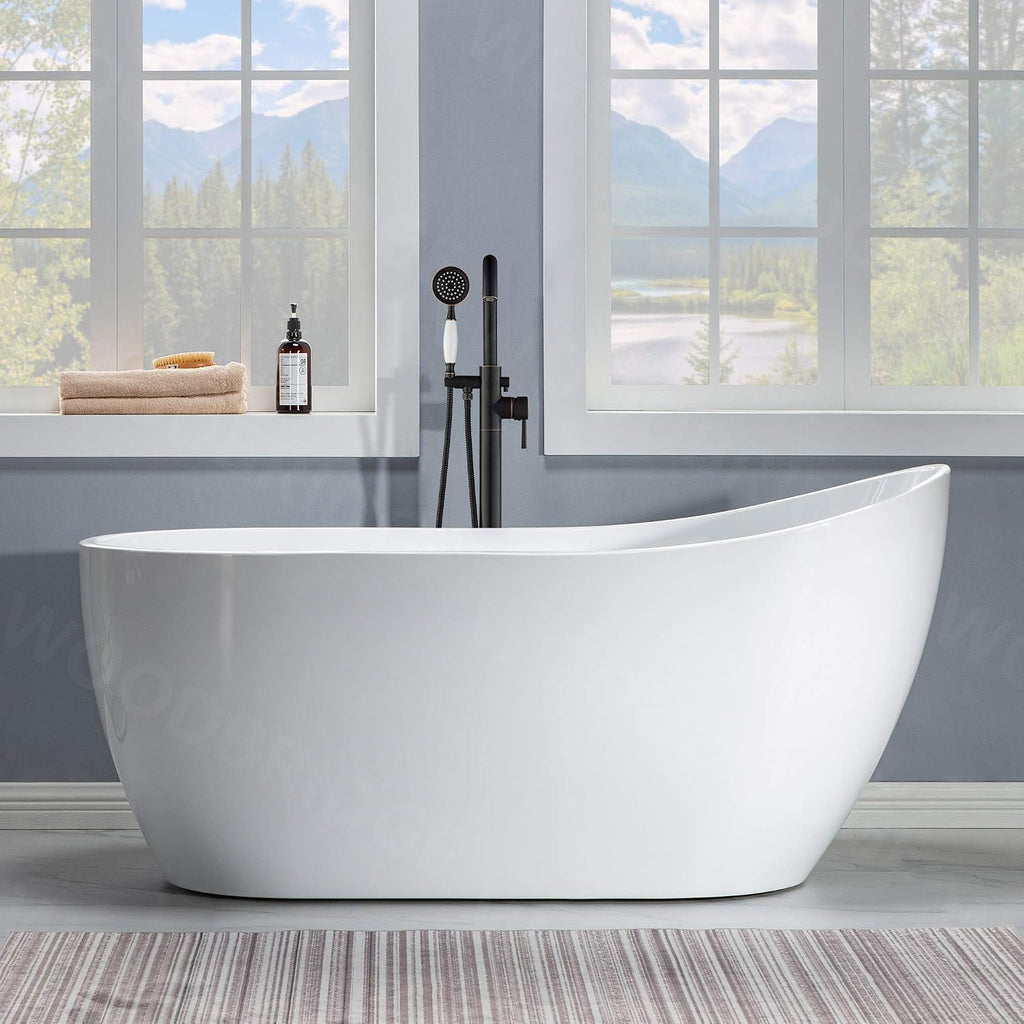 WOODBRIDGE 59' Acrylic Freestanding Bathtub Contemporary Soaking White Tub with Oil Rubbed Bronze Overflow and Drain，B1530 -ORB-Drain &O
