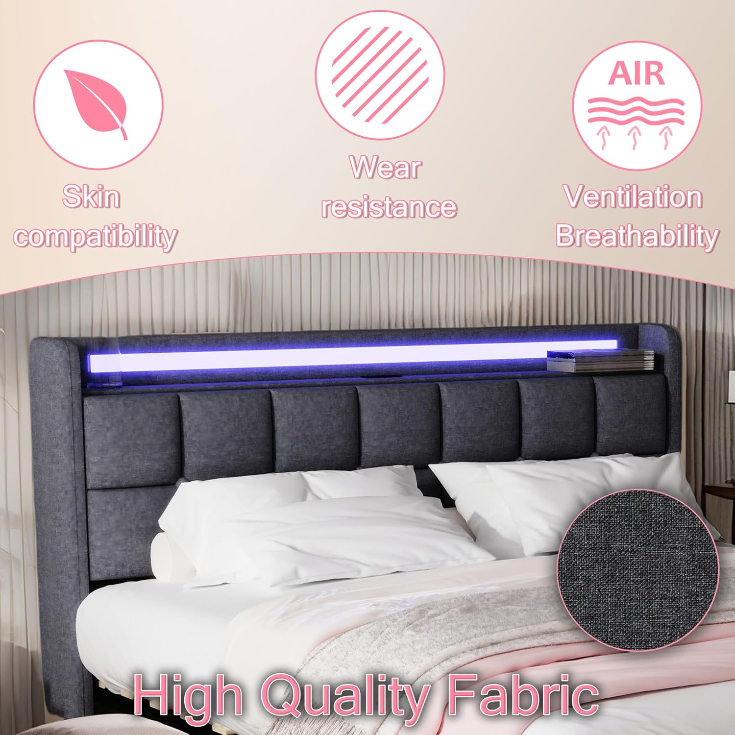 Modern LED Storage Bed with Charging Station All-Metal Platform Bed Frame Featuring 2-Tier Headboard, 4 Storage Drawers, and Easy Assembly(201-Gray, Full)