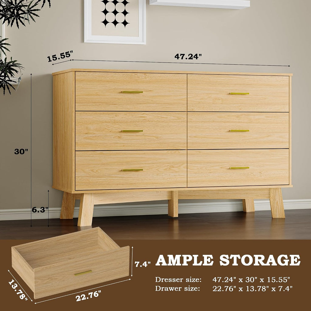 BORNOON Dresser for Bedroom with 6-Drawer, 47.2' Modern Chest of Drawers with Metal Handles, X-Shape Base & Adjustable Center Leg, Anti-Tip Closet Organizers and Storage