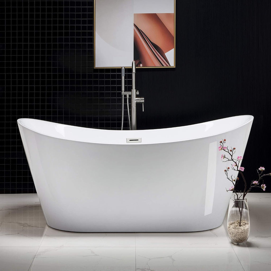 WOODBRIDGE 67' Acrylic Freestanding Bathtub Contemporary Soaking White Tub with Brushed Nickel Overflow and Drain，BTA1515-B-Drain&O