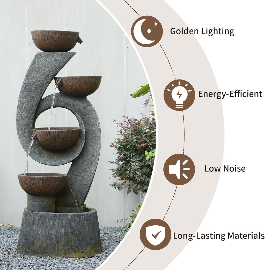 Sunlinua 46.8''H Outdoor Water Fountains - 5-Tiered Garden Fountains Outdoor for Patio, Yard, Balcony, Porch, Modern Resin Waterfall Feature for Outside with Light, Cascading Bowl Water Feature Gray