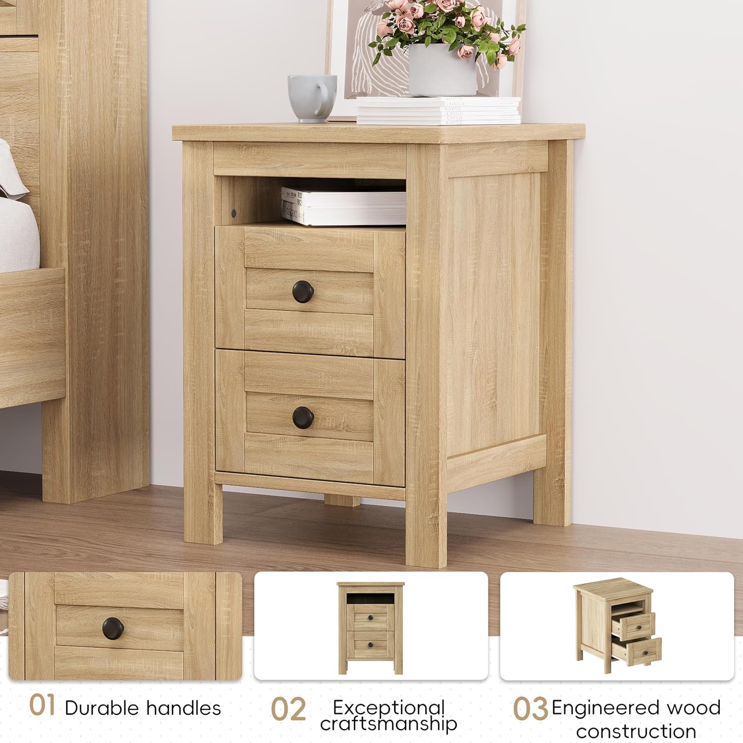 Harper & Bright Designs 3-Pieces Bedroom Sets Queen Size Farmhouse Platform Bed with Double Sliding Door Storage Headboard and Charging Station, Storage Nightstand and Dresser, Natural