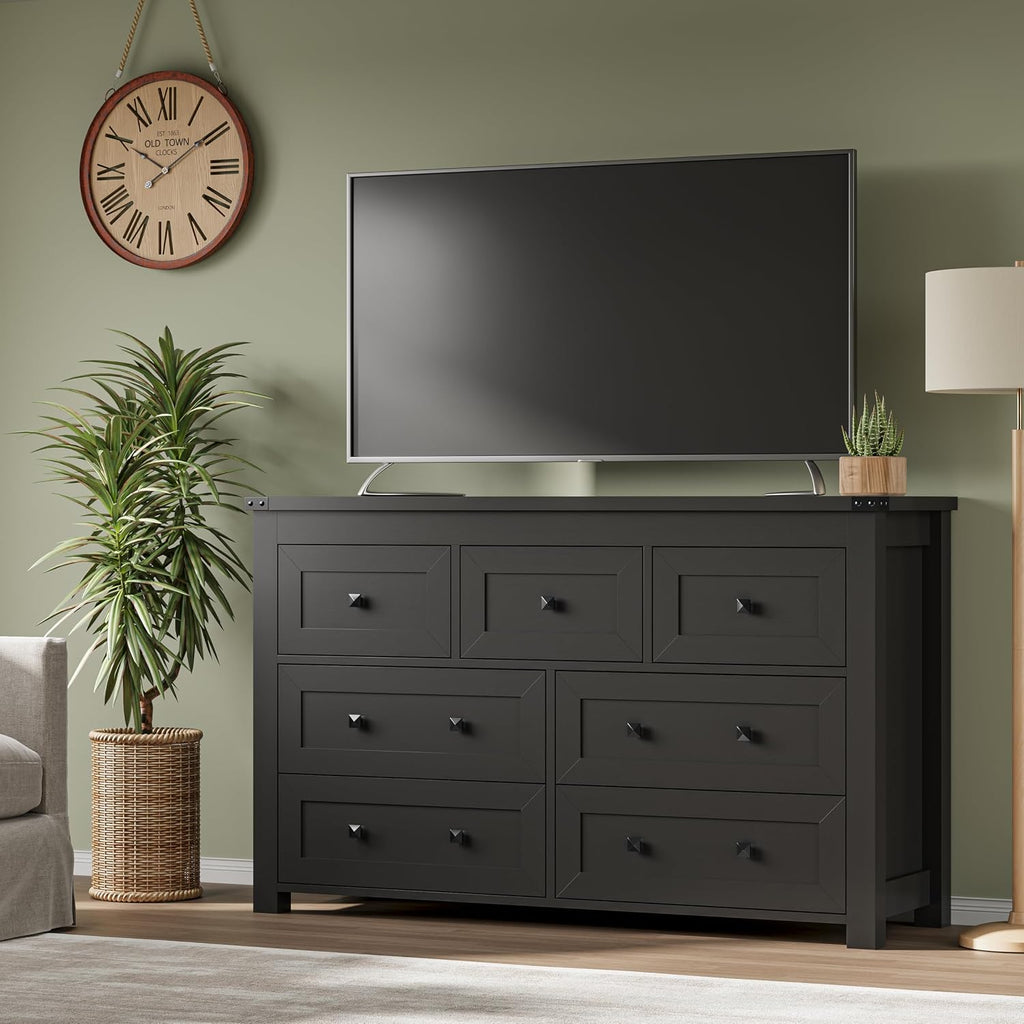 BORNOON 7-Drawer Dresser, Modern Wooden Storage Chest of Drawers, Dresser TV Stand, Wood Drawer Organizer with Metal Handles for Bedroom, Living Room, Hallway