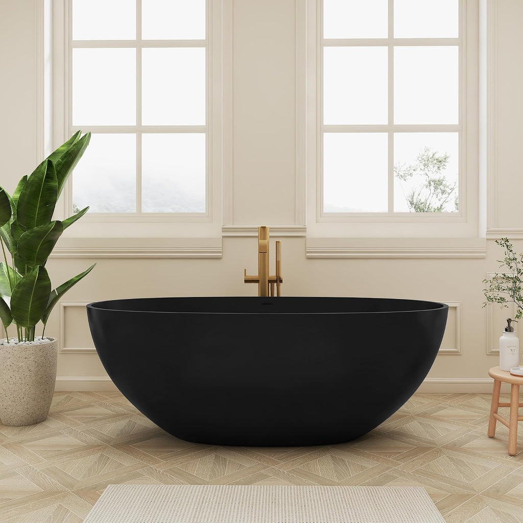 SJ STAR&JANE 61' Solid Surface Freestanding Bathtub, Matte Black Oval Soaking Stone Resin Tub with Overflow and Pop-up Drain for Modern Bathrooms
