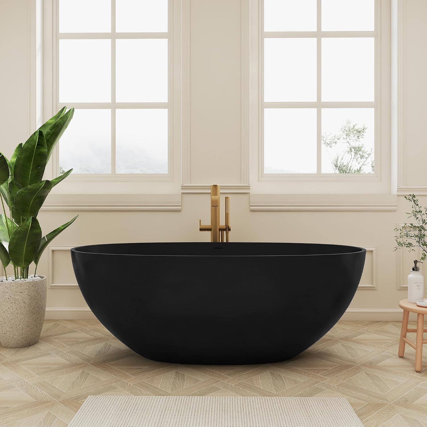 SJ STAR&JANE 61' Solid Surface Freestanding Bathtub, Matte Black Oval Soaking Stone Resin Tub with Overflow and Pop-up Drain for Modern Bathrooms