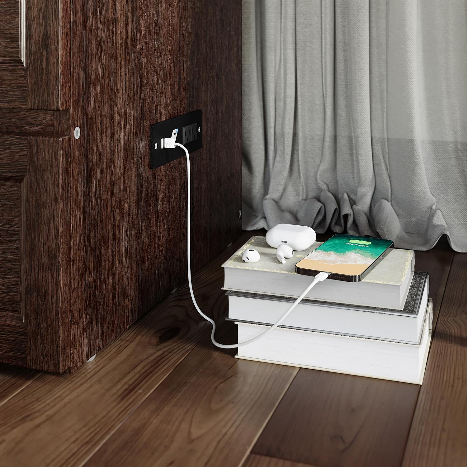 AFI, Northfield Murphy Bed Chest Queen with 6' Mattress, Storage Drawer & Built-in USB Charger, Burnt Amber