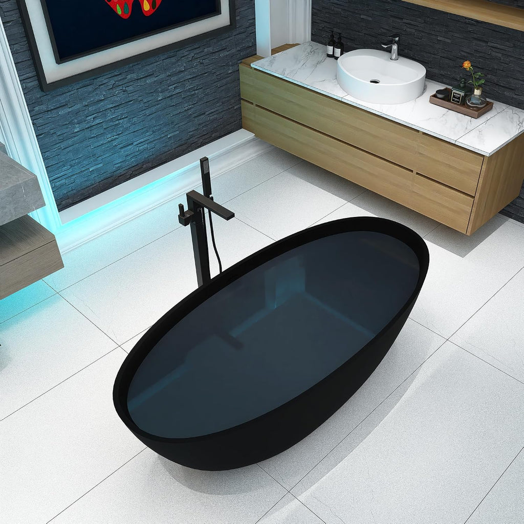 65'' Black Bathtub,Stone Resin Solid Surface Freestanding Bathtub, Modern Elegant Design Soaking Stand Alone Tub, Matte Black, Drain and Overflow Included