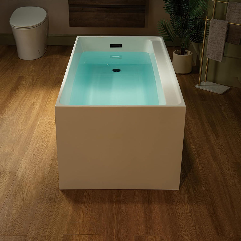 WOODBRIDGE 59' L x 29-1/2' W Freestanding Contemporary Soaking Bathtub with Matte Black Drain & Overflow, White, B5910-MB