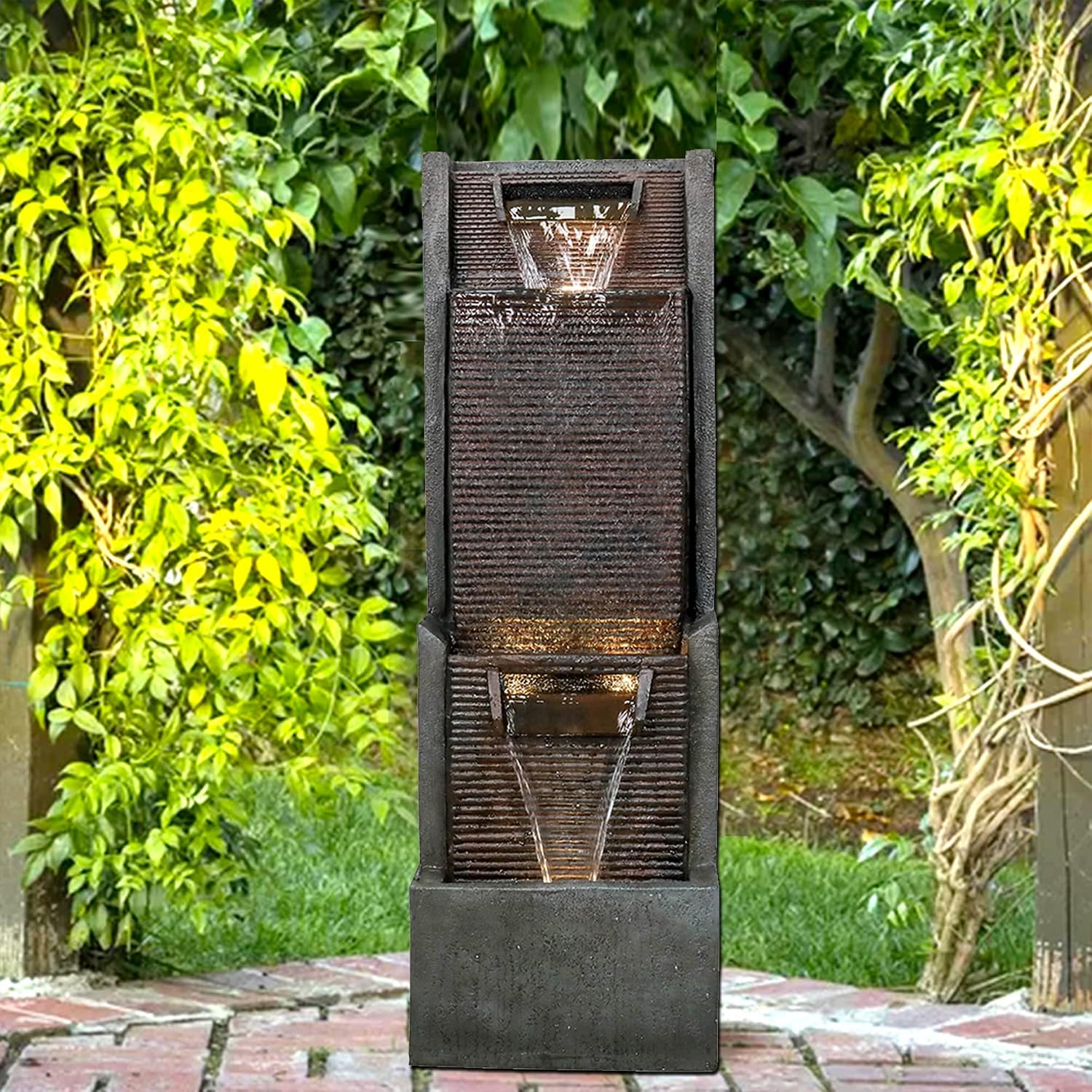Modern Outdoor Garden Waterfalls Fountains and Indoor Floor Water Fountain with LED Lights Fountain Outdoor Garden for Office,House, Patio, Backyard, and Home Art Decor Dark Brown