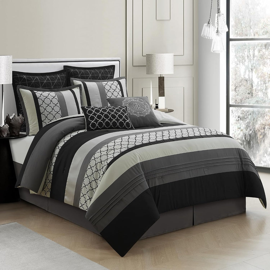 LANCO MODERN LIFESTYLE Queen Comforter Set, Black Gray Bedding Set, Jacquard Woven with Embroidery, 8 Pieces Bed in a Bag, Bed Skirt, Shams and Decorative Pillows