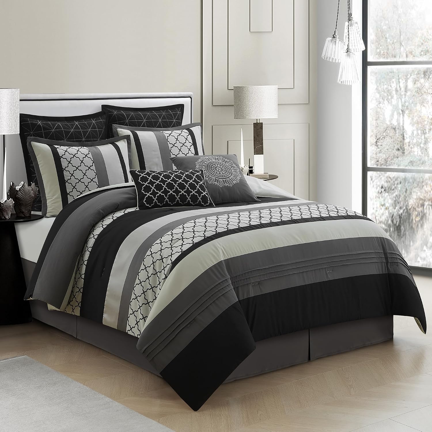LANCO MODERN LIFESTYLE Queen Comforter Set, Black Gray Bedding Set, Jacquard Woven with Embroidery, 8 Pieces Bed in a Bag, Bed Skirt, Shams and Decorative Pillows