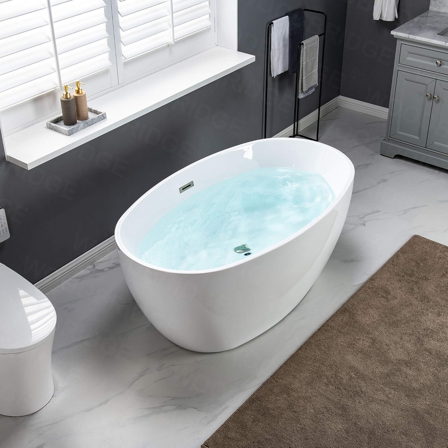 WOODBRIDGE 55' Acrylic Freestanding Bathtub Contemporary Soaking White Tub with Brushed Nickle Overflow and Drain，B1418 -B/N-Drain &O