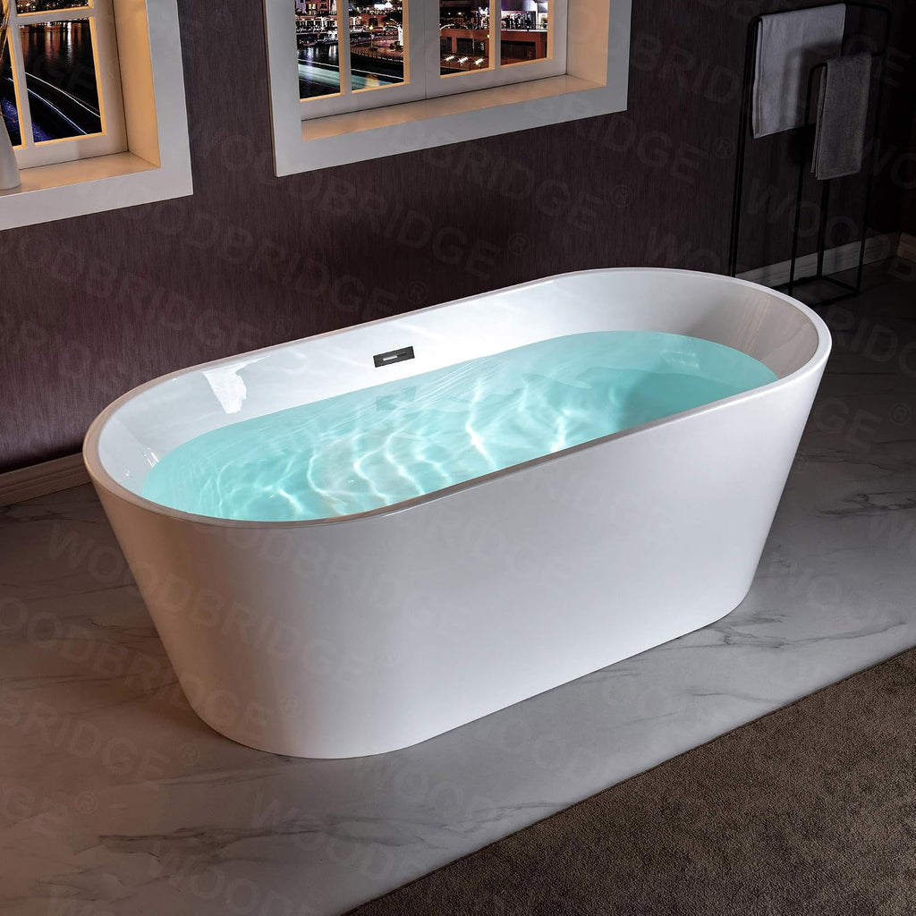 WOODBRIDGE 67' Freestanding Acylic Soaking Bathtub with White, Drain and Overflow inMatte, BTA1513-MB-Drain &O+ Pillow, Matte Black