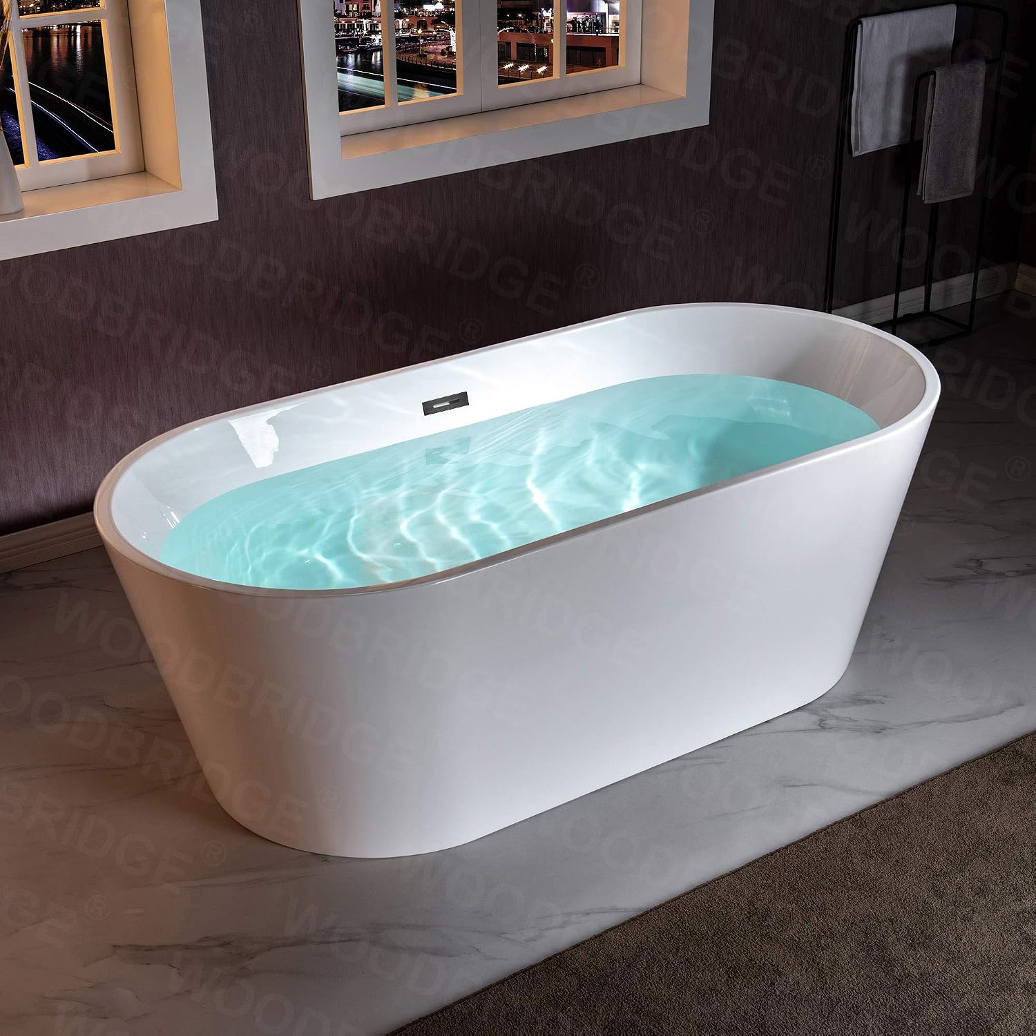 WOODBRIDGE 67' Freestanding Acylic Soaking Bathtub with White, Drain and Overflow inMatte, BTA1513-MB-Drain &O+ Pillow, Matte Black