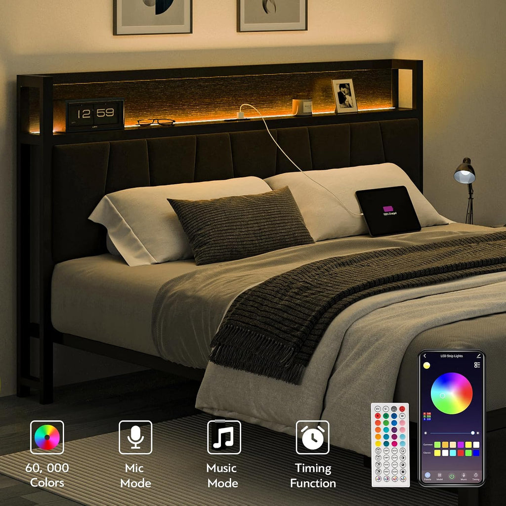 CIKUNASI Queen Size Bed Frame with Headboard and Storage Drawers Platform Bed Frame with Storage Chargin Station LED Light Bedframe Heavy Duty No Box Spring Needed