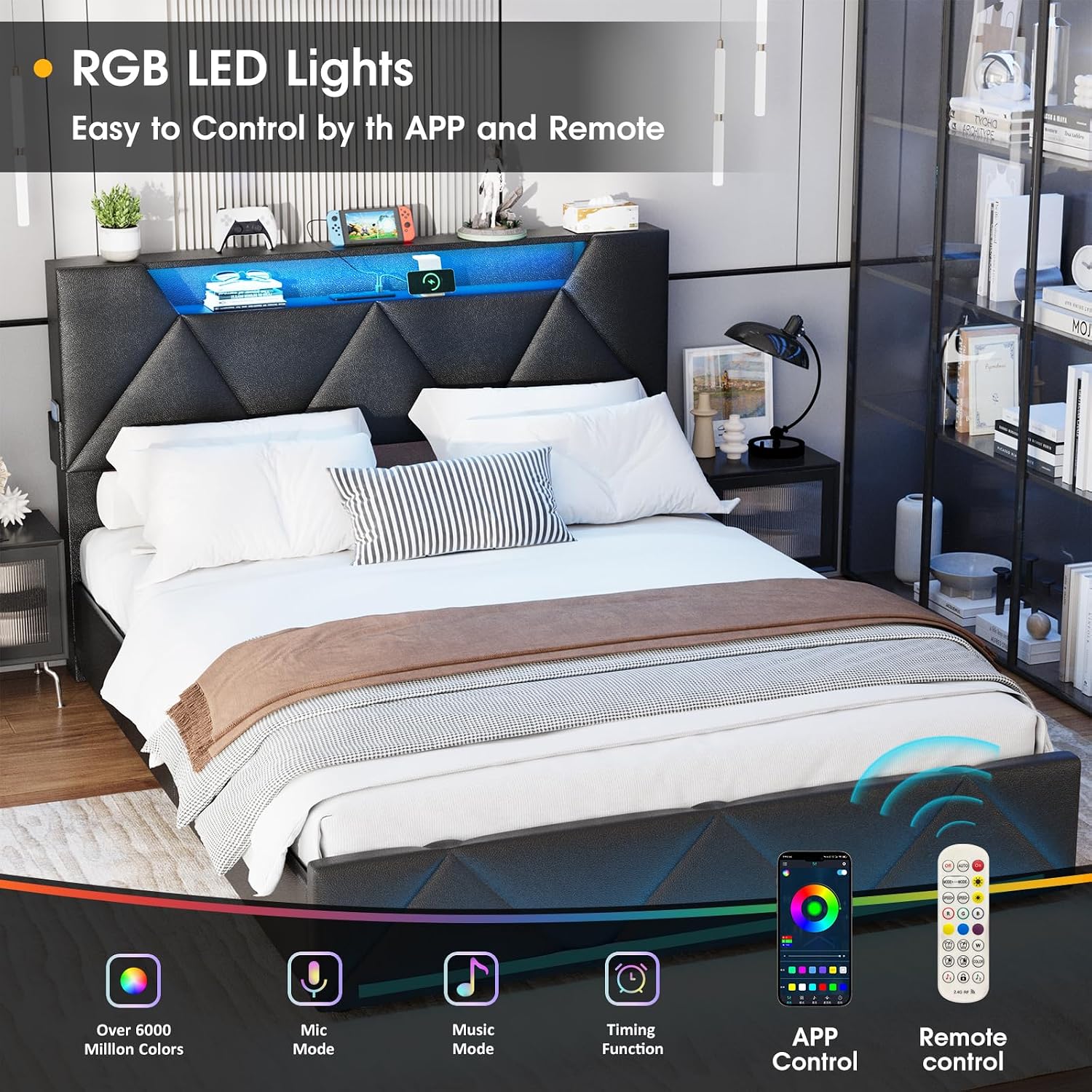 Vabches Queen Bed Frame with Storage Headboard and 4 Drawers,Upholstered Platform with Charging Station and Led Lights,Adjustable Headboard with Pu Leather,No Box Spring Needed,Black