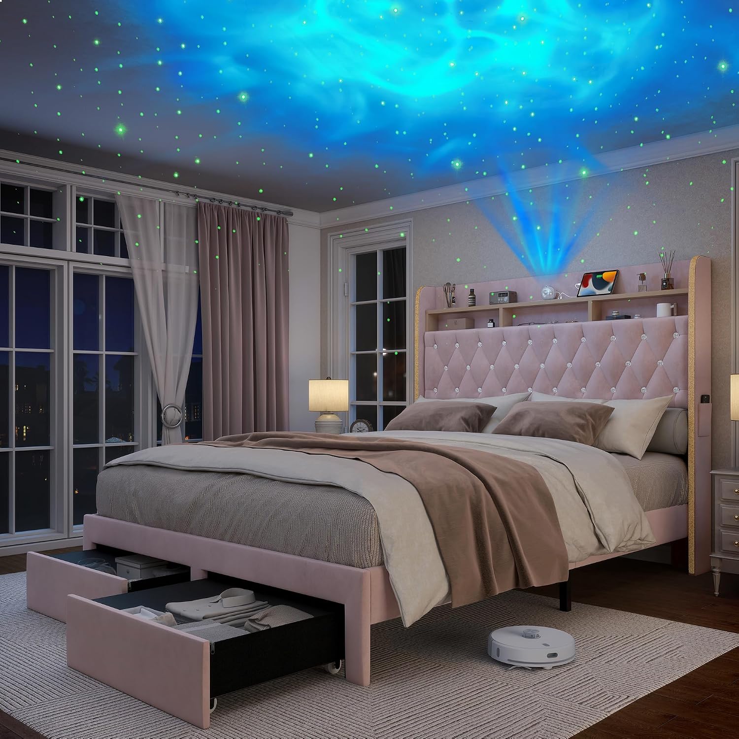 Torana Full LED Bed Frame with 2 Drawers, 53' Tall Platform Beds with Galaxy Star Projector Charging Station, Velvet Upholstered Diamond Tufted Aurora Bedframe with Storage Headboard, Pink