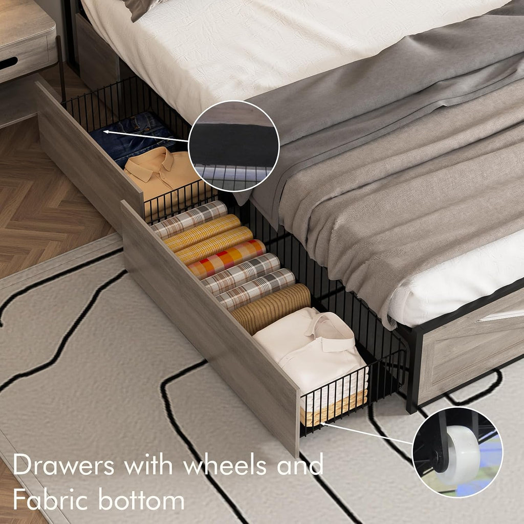 Halitaa LED Queen Size Bed Frame with Charging Station & 4 Drawers, Platform Metal Bed with Headboard USB Ports Outlets, Farmhouse Bed Frame with LED Lights, Noise Free, Wash Grey (Queen)