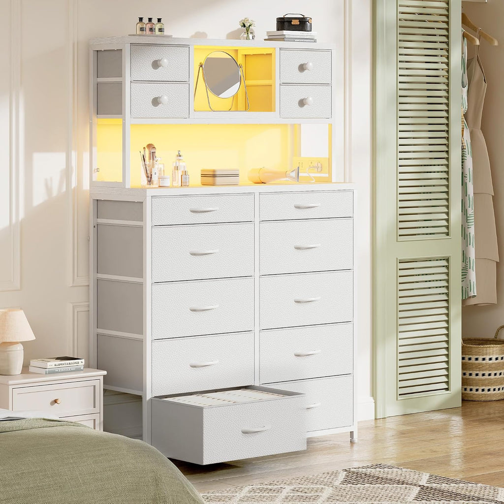 EnHomee 62.8' H Dresser for Bedroom with Multiple Fabric Drawers,White Dresser with Charging Station and LED Lights,Dressers & Chests of Drawers for Bedroom, Steel Frame & Wooden Top, Entryway