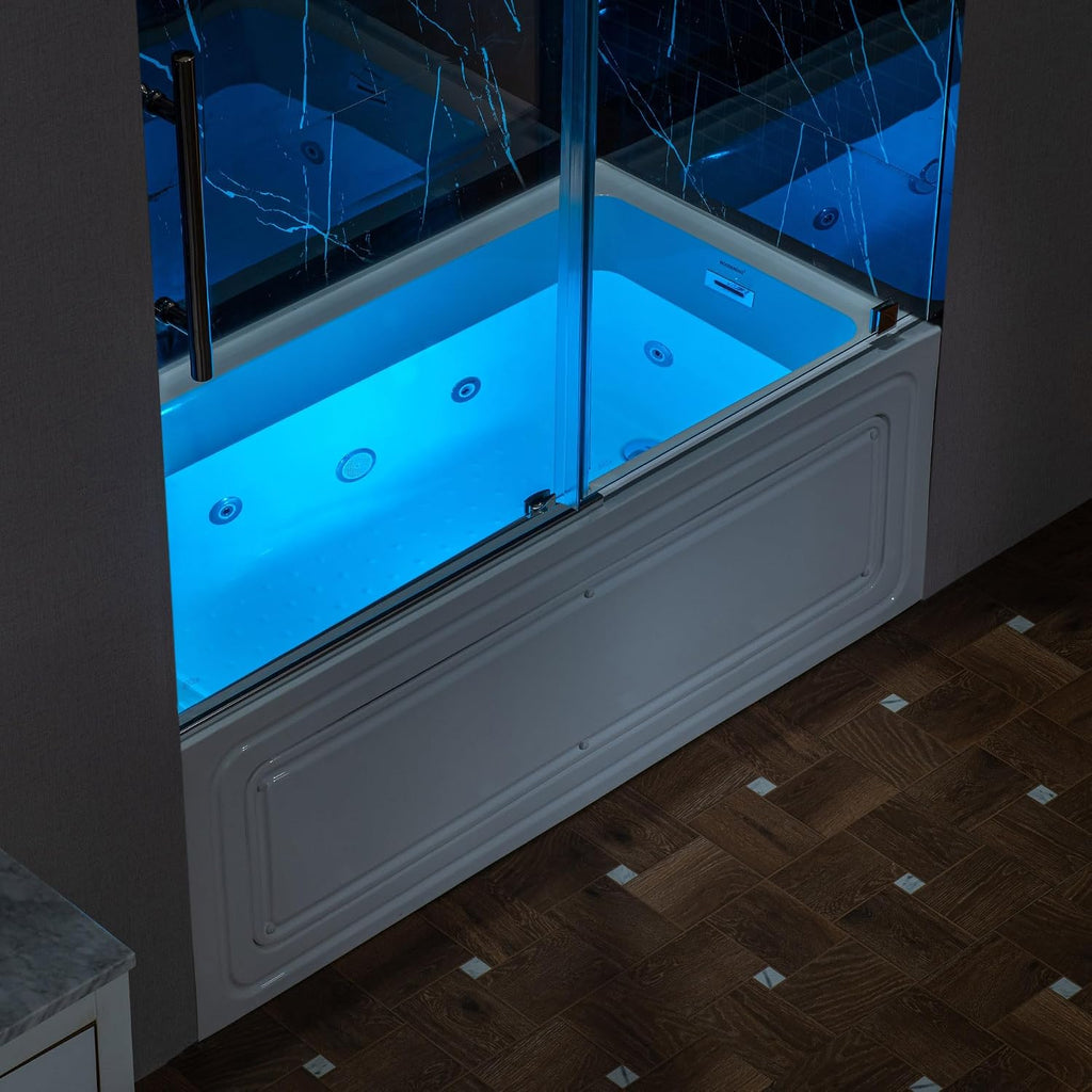 WOODBRIDGE 60' x 30' Alcove Acrylic Rectangular Whirlpool Heated Jetted Tub in White with right Drain, Polished Chrome Finish, BS666-R-CH01