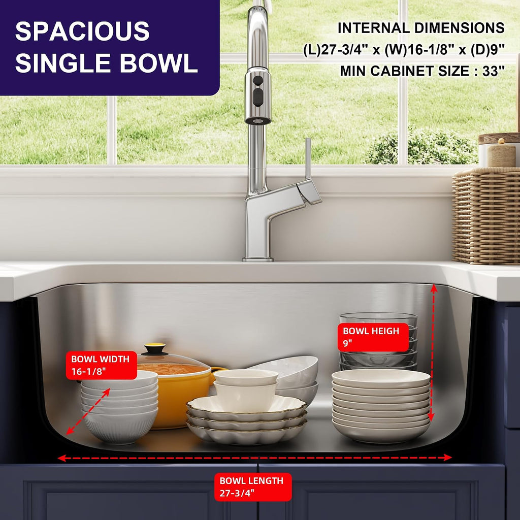 30 Inch Undermount Kitchen Sink 18 Gauge Stainless Steel Spacious Single Bowl Curved Shape Round Corner Deep Sinks with Basket Strainer and Bottom Grid 30' x 18' x 9'