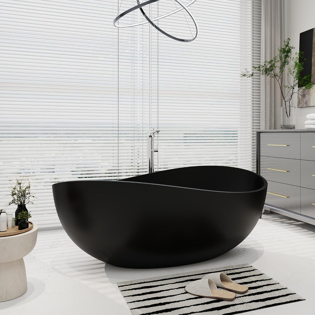 SJ STAR&JANE 63' x 38' Solid Surface Freestanding Bathtub, Oval Soaking Tub with Overflow and Pop-up Drain for Bathroom Matte Black