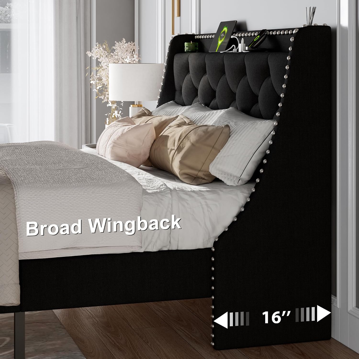 Feonase Queen Bed Frame with Luxury Wingback Upholstered Button Tufted Storage Headboard, Queen Platform Bed with Charging Station, Sturdy Wooden Slats Support, Noise-Free, Easy Assembly, Black