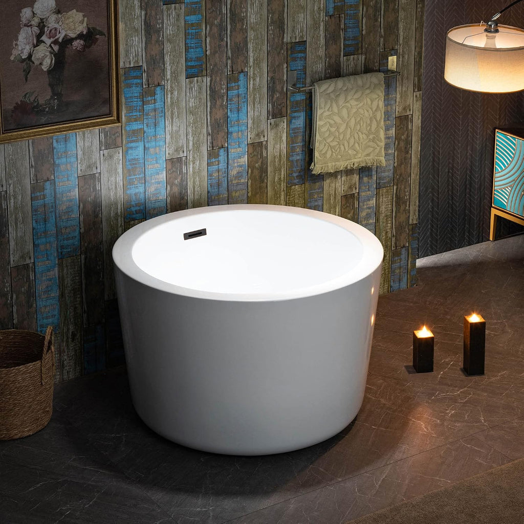WOODBRIDGE 41' Acrylic Freestanding Round Contemporary Soaking Tub with Pre-molded Seat and Oil-Rubbed Bronze Overflow and Drain Option, White
