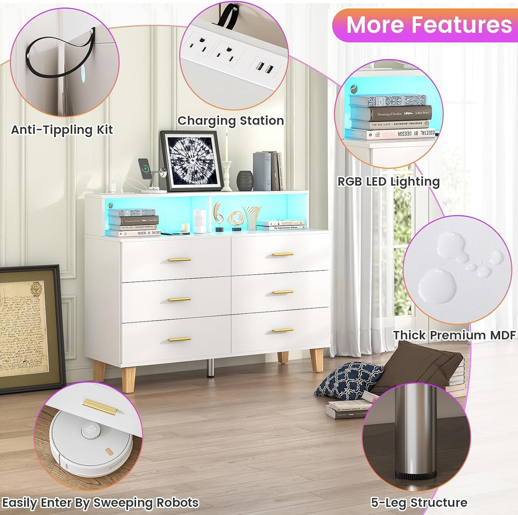 knoworld White 6 Drawer Dresser for Bedroom, Chest of Drawers with LED Light and Power Outlet, Tall Wide Dresser for Organizer Cabinet Bedroom,Living Room,Hallway, Entryway