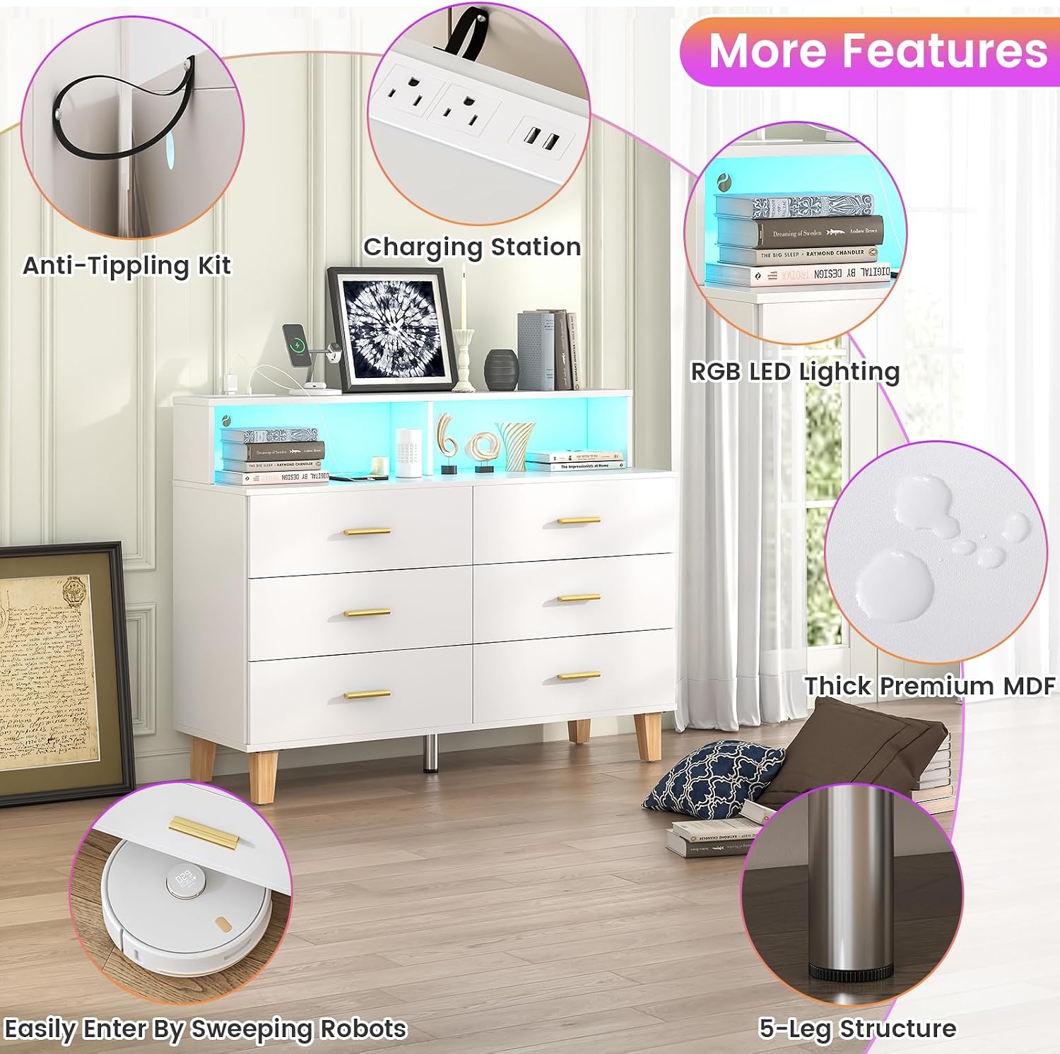 knoworld White 6 Drawer Dresser for Bedroom, Chest of Drawers with LED Light and Power Outlet, Tall Wide Dresser for Organizer Cabinet Bedroom,Living Room,Hallway, Entryway
