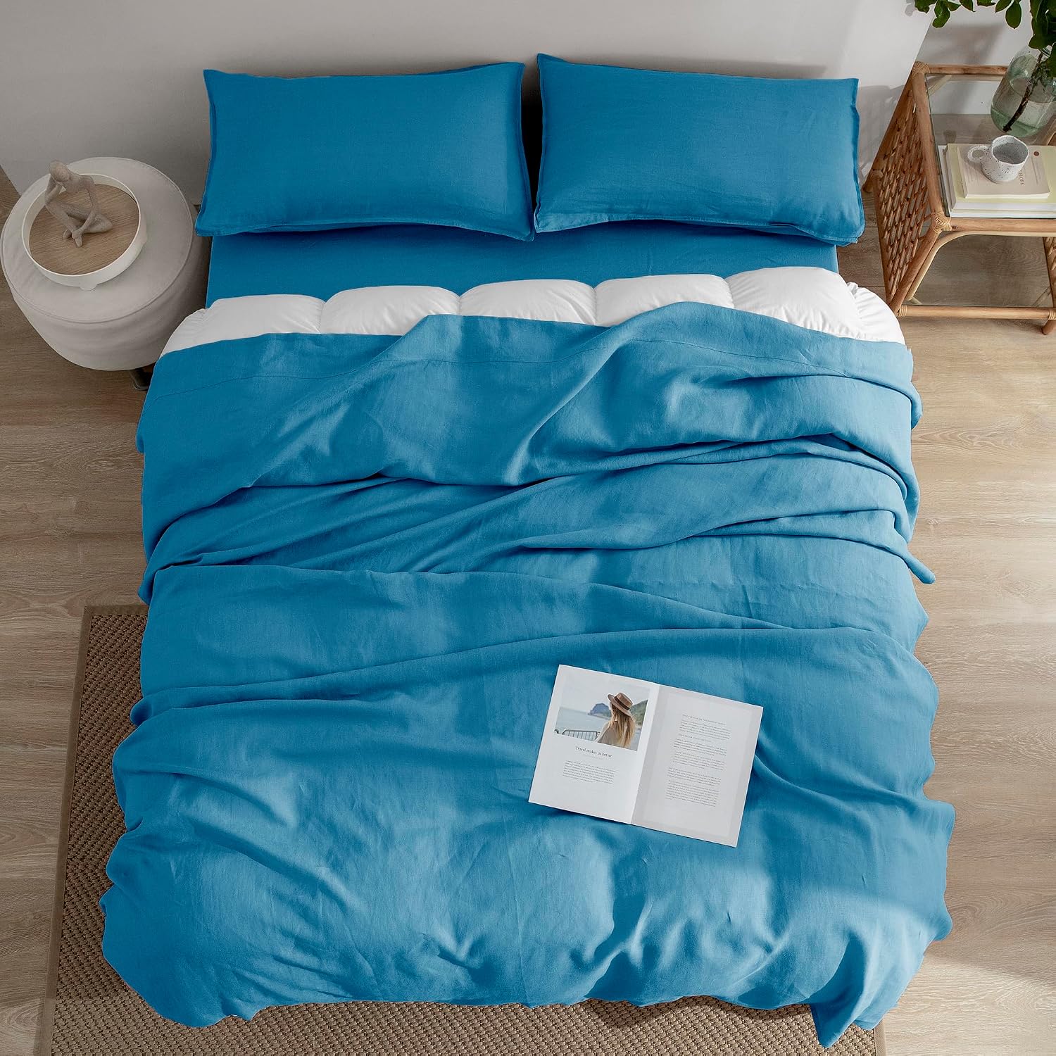 EVERLY Linen Twin Sheets Set, 100% Stonewashed French Linen Bed Sheets Deep Pocket Sheets, 3 Pieces (1 Flat Sheet, 1 Fitted Sheet, 1 Pillowcase) Natural Flax Bedding Set-Blue
