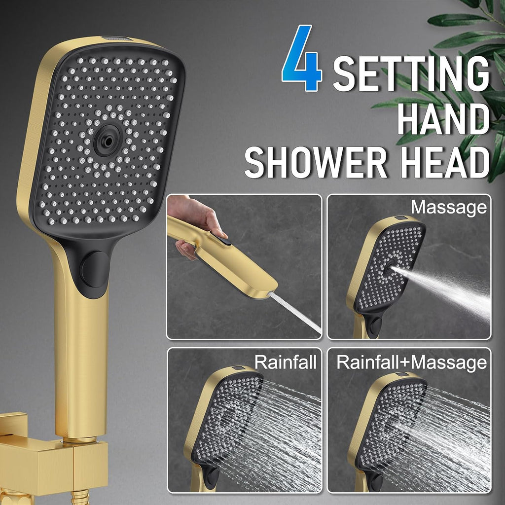 Iriber Bathtub Shower Faucet Set Brushed Gold,Push Button Diverter Shower System for 2 people with 2 in 1 Hand Shower, Dual Shower Head with handheld Wall Mount valve trim kit (cartridge Included)