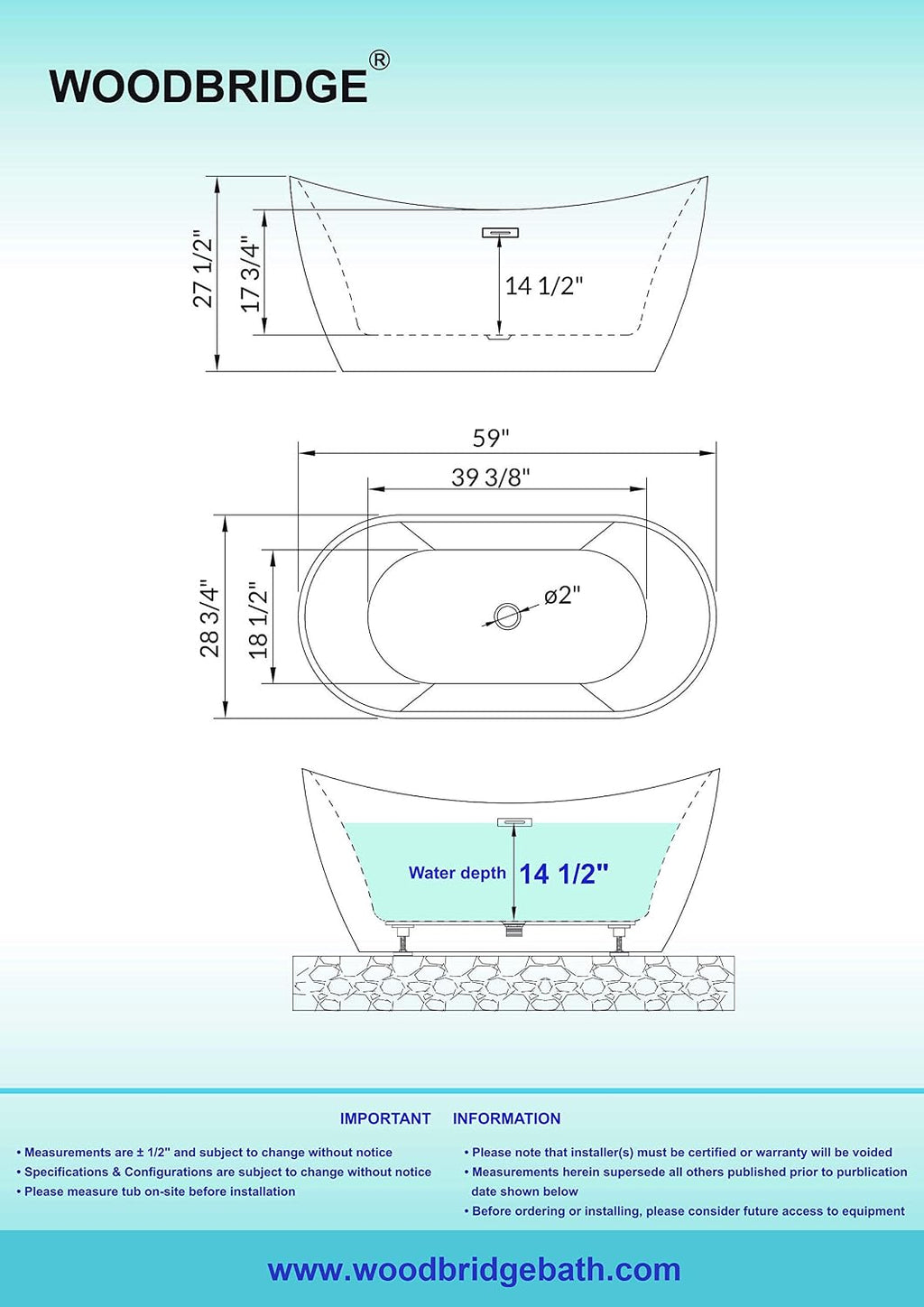 WOODBRIDGE 59' Acrylic Freestanding Bathtub Contemporary Soaking White Tub with Matte Black Overflow and Drain，BTA1516 -MB-Drain &O+ Pillow