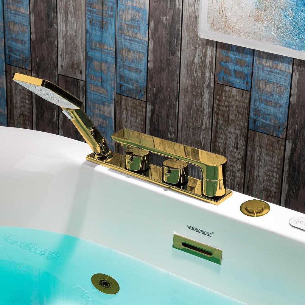 WOODBRIDGE 59' x 31-1/2' Whirlpool and Air Bath Heated Soaking Combination Tub with Adjustable Speed Air Blower, Faucet and Display Control Panel, Brushed Gold Finish Trim and Drain Kit,BG100+F0045BG