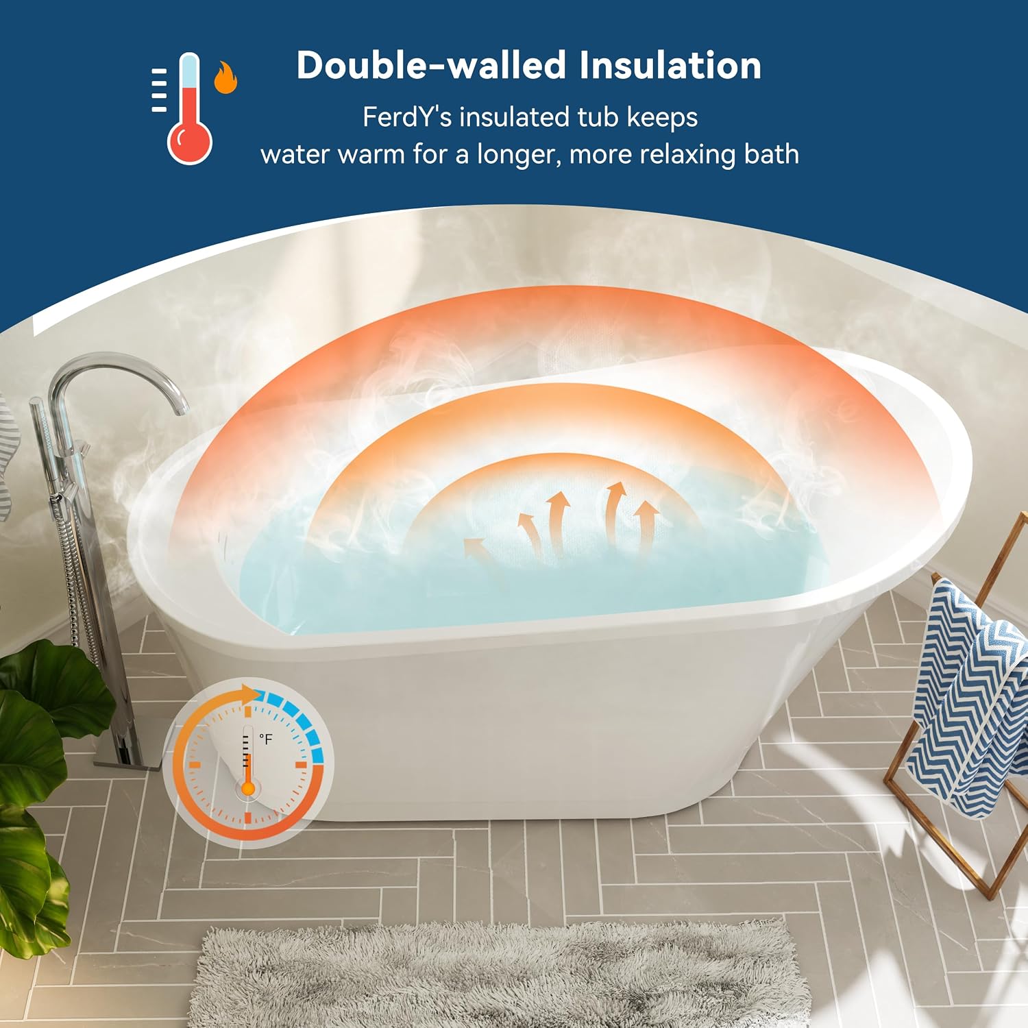FerdY Langkawi 59' Acrylic Freestanding Bathtub, White Modern Stand Alone Soaking Bathtub, cUPC Certified, Brushed Nickel Drain and Minimalist Linear Design Overflow Included, Easy to Install