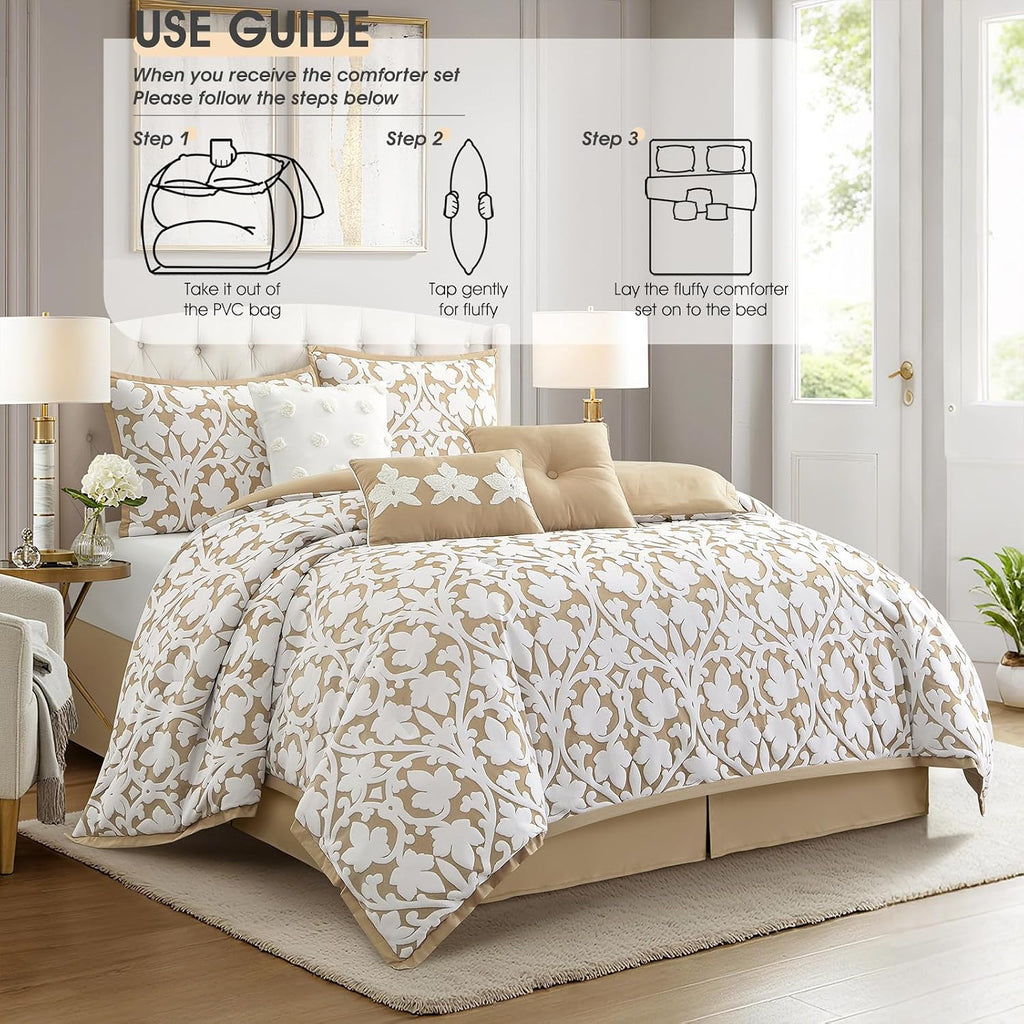 LANCO MODERN LIFESTYLE 7 Pieces Comforter Set, Queen, Khaki, Jacquard Floral Pattern and Classy Damask Medallion Design, Ultra Soft, Includes Bed Skirt, Shams, and Decorative Pillows