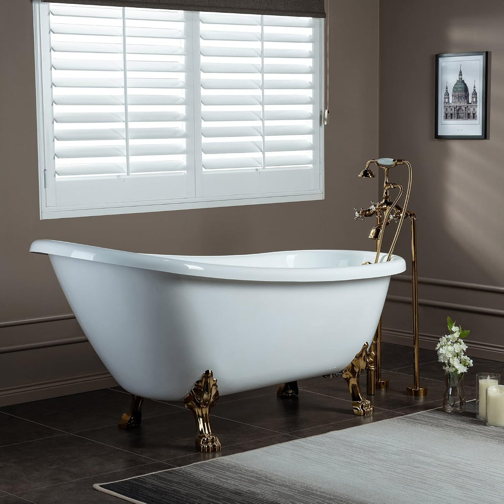 WOODBRIDGE All Inclusive Package 67' Heavy Duty Acrylic Slipper Clawfoot Bath Tub with Polished Gold Feet+Polished Gold Drain &Overflow +PG Faucet