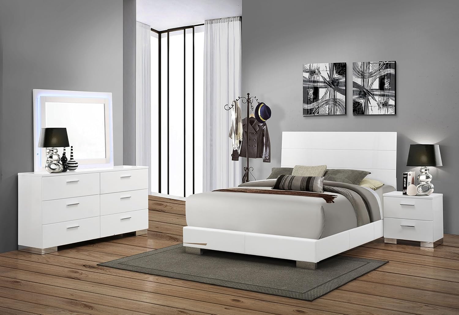 Coaster Home Furnishings Felicity Contemporary 4-Piece Bedroom Set Queen Size Panel Bed Frame 51-inch Headboard White High Gloss 203501Q-S4L