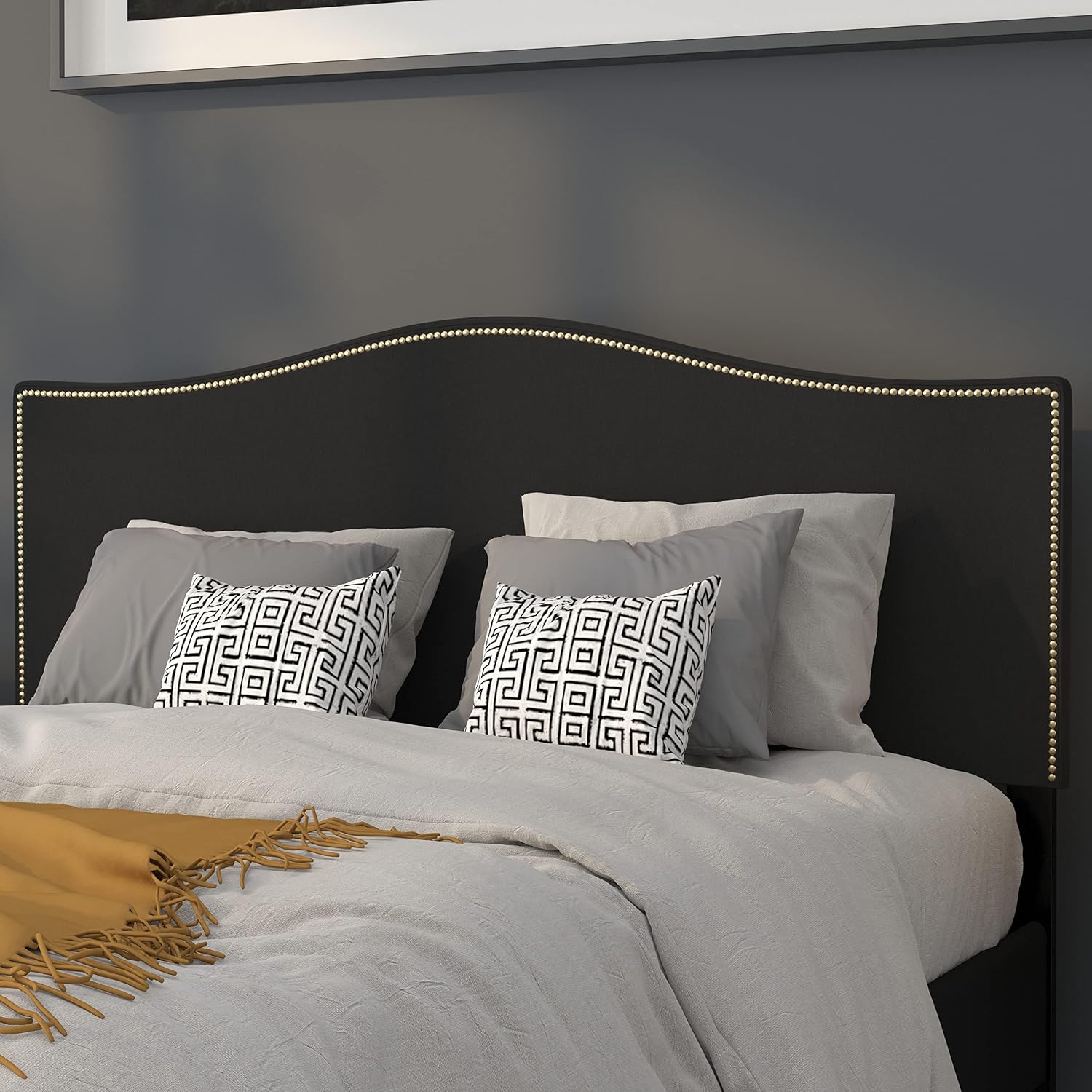 Flash Furniture Lexington Upholstered Queen Size Headboard with Accent Nail Trim in Black Fabric