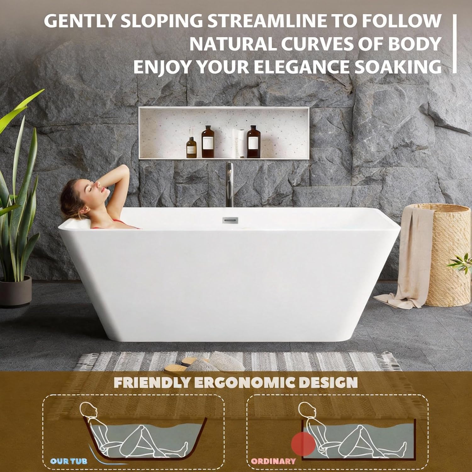 59' Acrylic Freestanding Soaking Bathtub, Matte Drain & Black Overflow, Modern Design Tub for Home Bathroom Renovations, Glossy White