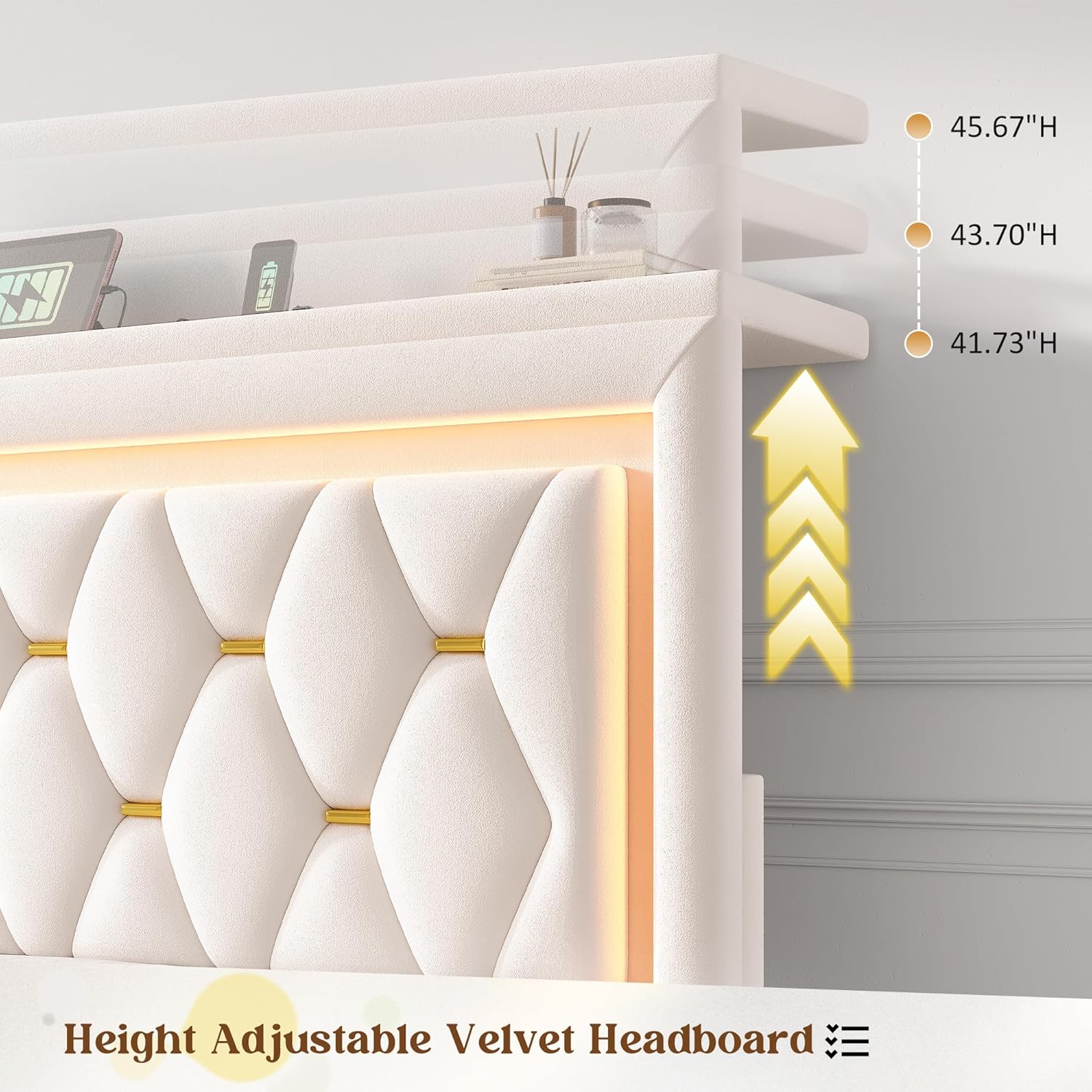 Homkdom Full Bed Frame with 4 Storage Drawers & Adjustable Tall Headboard,Soft Velvet Bed Frame Full with Smart LED Lights & Charging Station,1100LB-Heavy Duty Metal Support, Modern,Beige