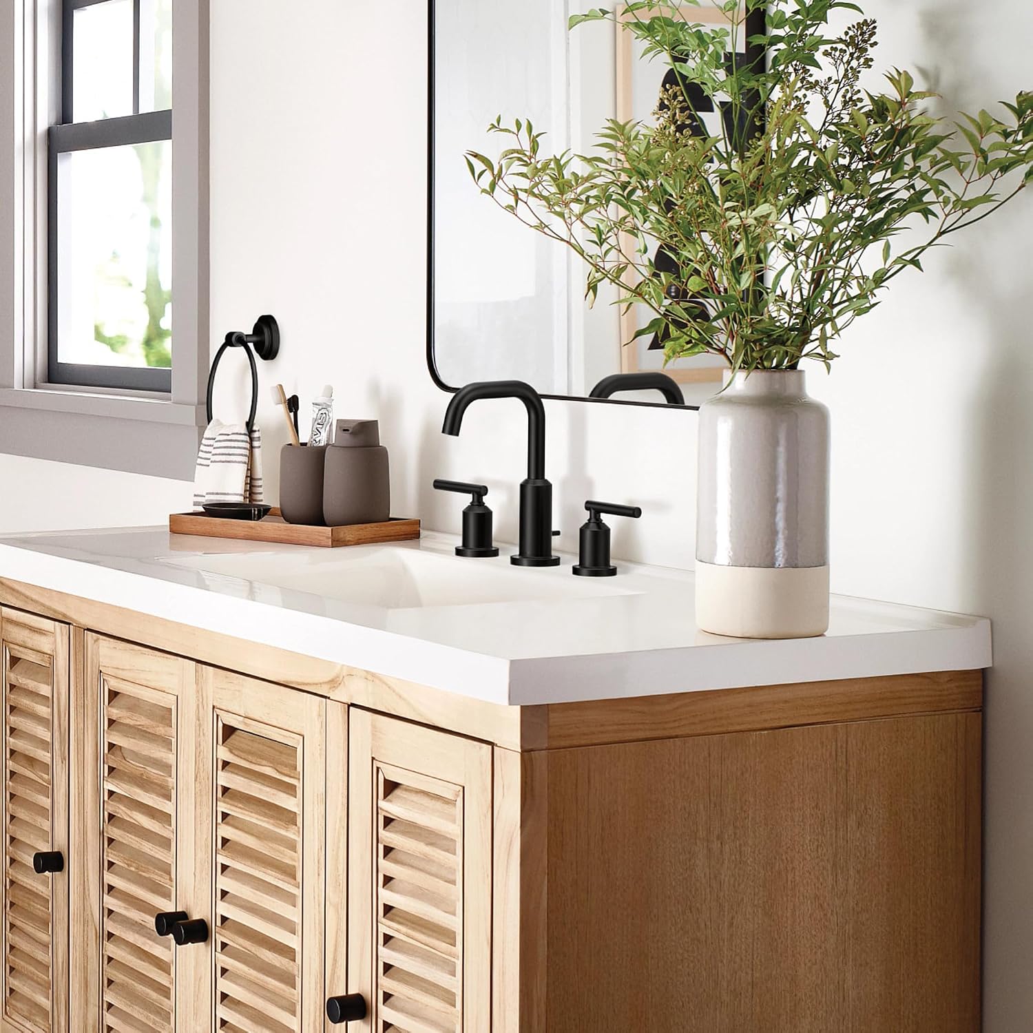 Moen Gibson Two-Handle High Arc Widespread Modern Bathroom Sink Faucet for 3-Hole Setups with Valve Included, Matte Black, TV6142BL