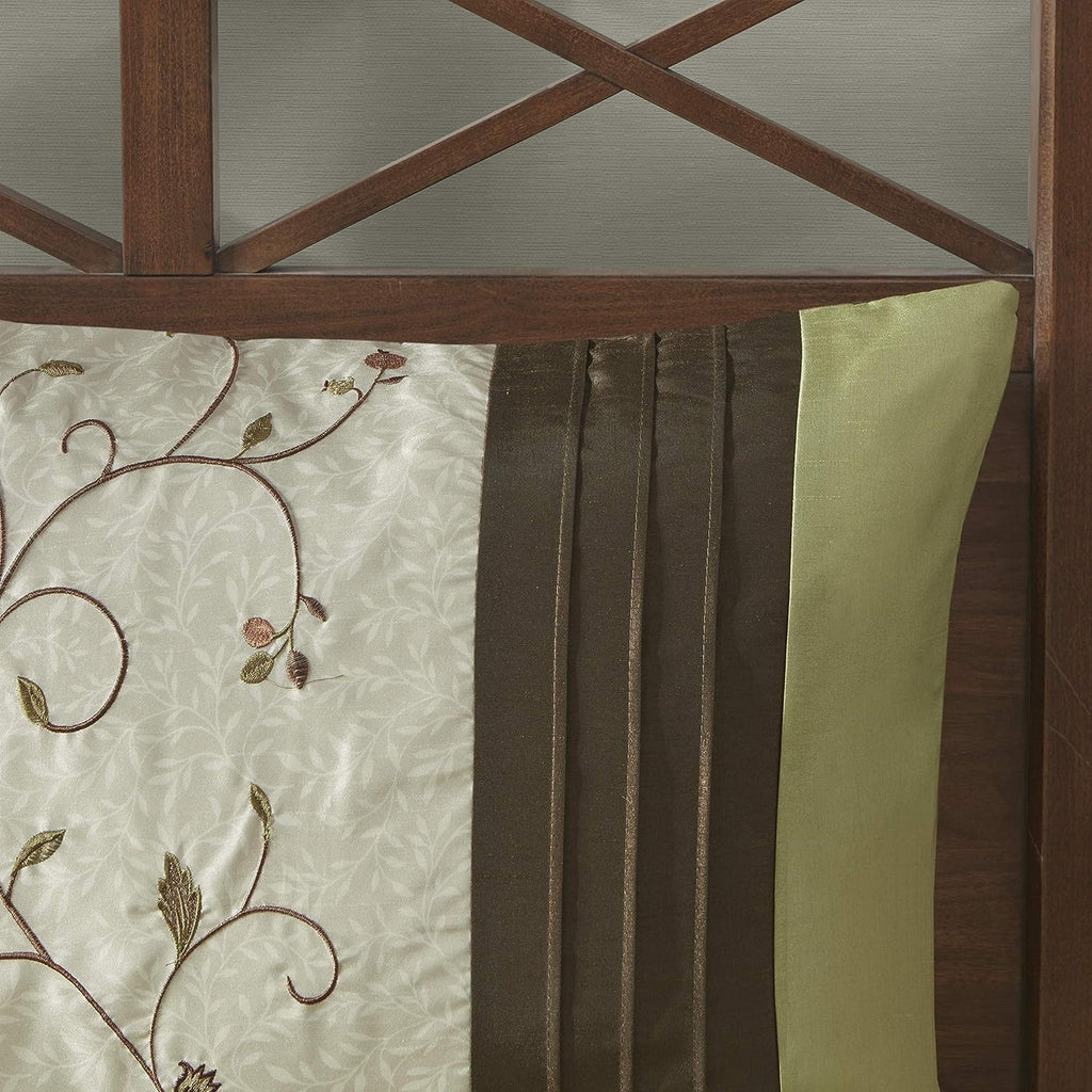 Madison Park Serene Faux Silk Comforter Set - Floral Embroidery Design, All Season Bedding Set, Matching Bed Skirt, Decorative Pillows, Green Queen(90'x90') 7 Piece