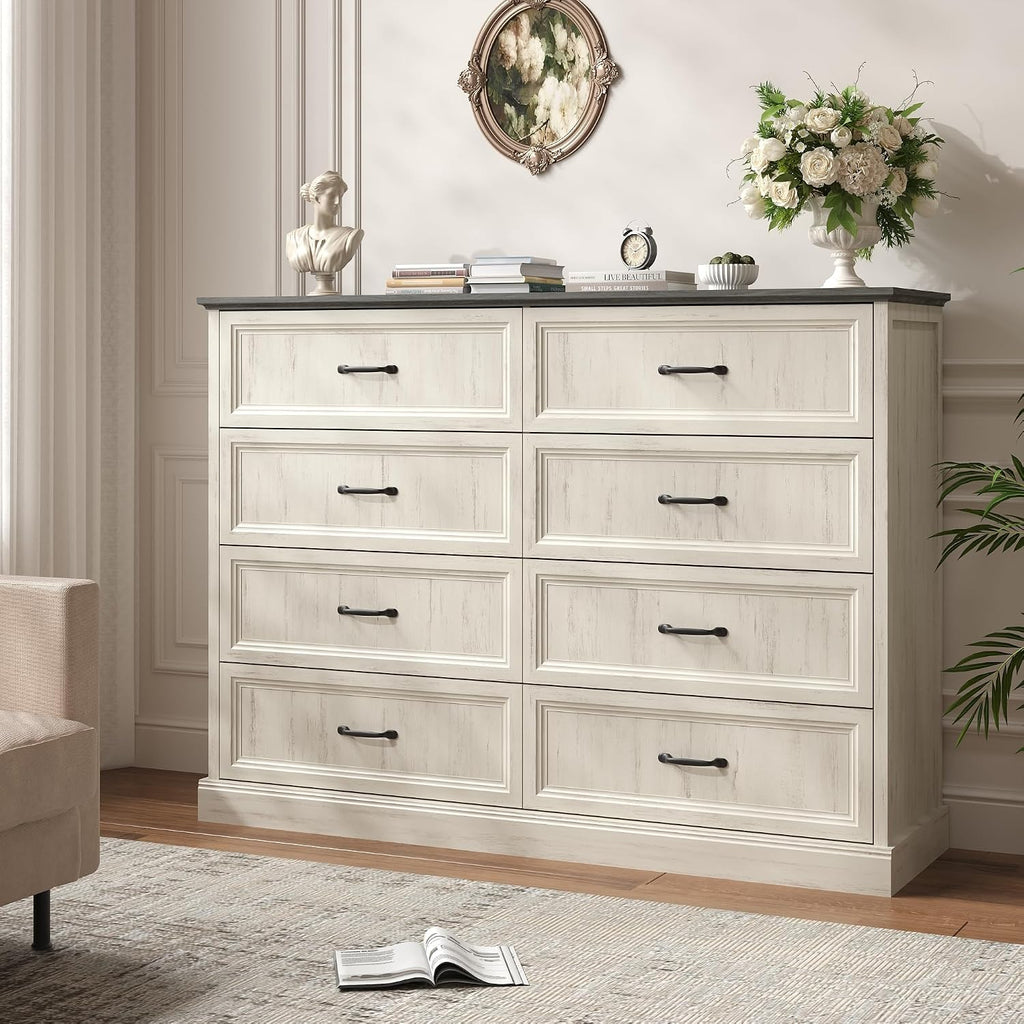 Tradare Farmhouse Dresser and Nightstand Sets 3 Piece, Nightstands Set of 2 & 8 Drawers Dresser for Bedroom, 55' Wide and 24' Inch Night Stand Set for Bedroom, Living Room, Hallway, White