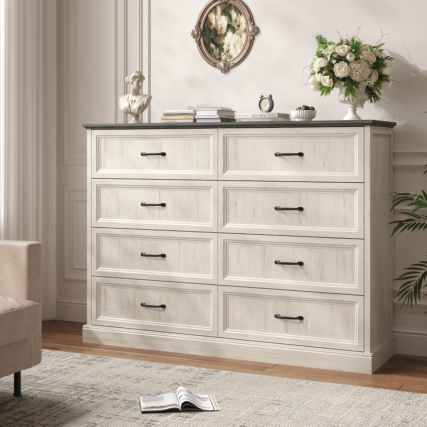 Tradare Farmhouse Dresser and Nightstand Sets 3 Piece, Nightstands Set of 2 & 8 Drawers Dresser for Bedroom, 55' Wide and 24' Inch Night Stand Set for Bedroom, Living Room, Hallway, White