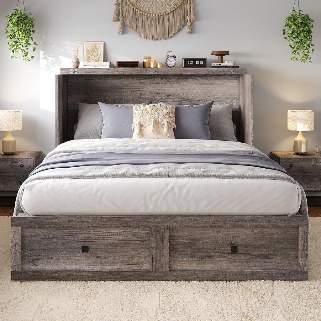 LUXOAK Murphy Bed Queen Size Cabinet Bed with Charging Station, Large Storage Drawer for Home Office or Small Room, Hideaway Bed Foldable Platform Bed, Rustic Grey